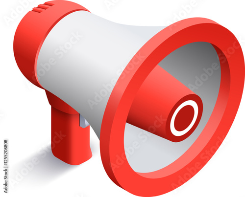 Red and white megaphone casting a shadow on a white background, making an important announcement, amplifying voice and spreading information