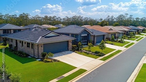 Suburban street with new homes, landscaping, and blue sky.