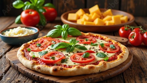 Savor the artistry in each bite: a gourmet pizza masterpiece on a rustic wooden board. Thick, golden crust cradles vibrant red tomatoes, fragrant basil, and spicy black pepper for a taste sensation photo