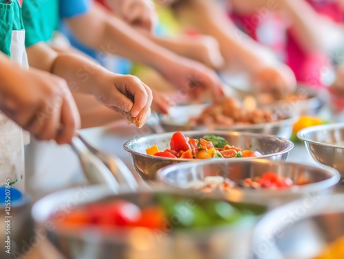 Fototapeta Naklejka Na Ścianę i Meble -  Children prepare fresh salad together in bowls at cooking class