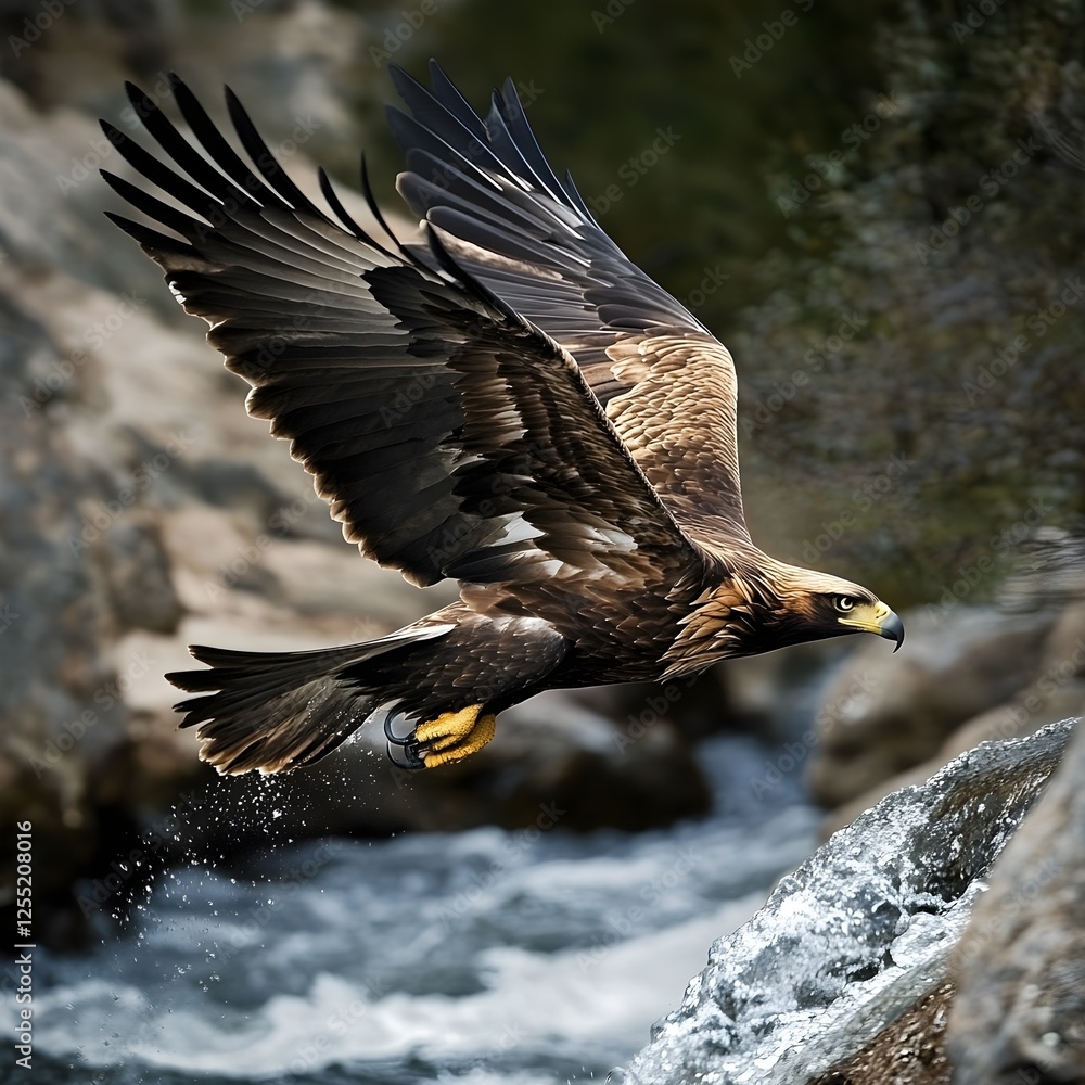 Obraz premium A powerful golden eagle swooping low over a rocky riverbank, its wings barely skimming the surface.