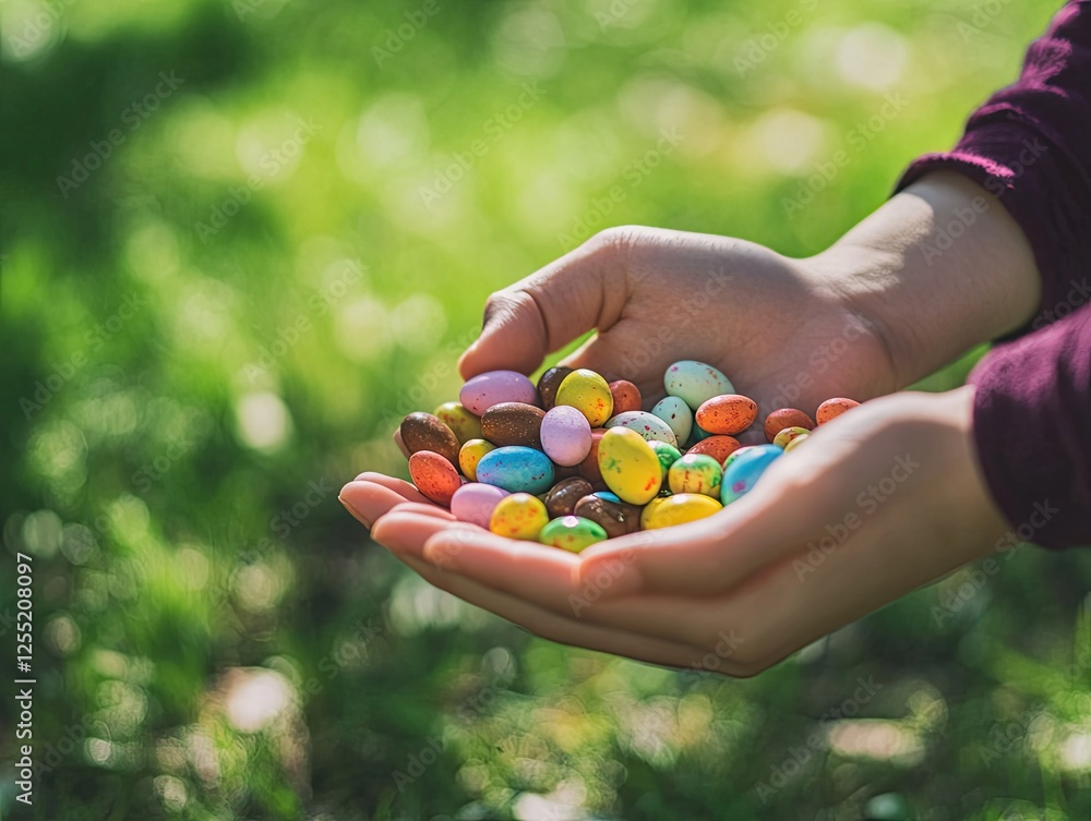 Holding Colorful Easter Eggs in Hands with a Blurred Green Background Holding Colorful Easter Eggs in Hands with a Blurred Green Background