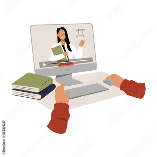 Online Learning With Female Teacher On Computer Screen In Flat Vector Illustration Symbolizing Virtual Education, E Learning, And Digital Knowledge, Isolated On White Background
