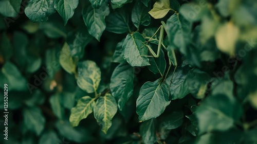 A praying mantis motionless among the green leaves, indistinguishable from its surroundings.