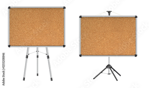 Cork board with wood frame. Empty corkboard with brown texture on transparent background. Business noticeboard. Vector