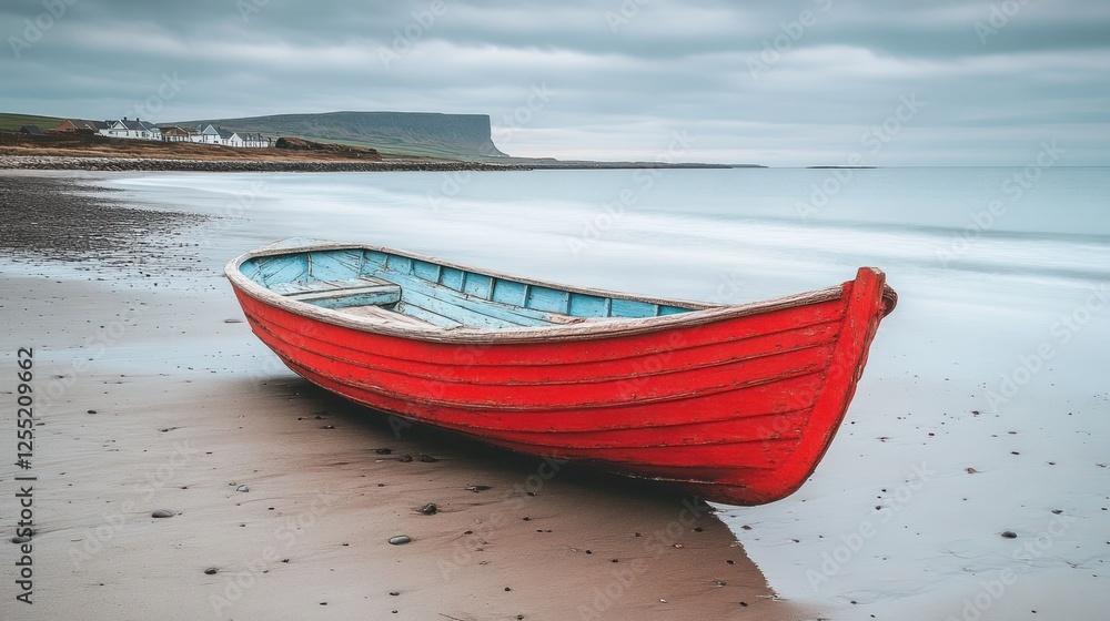 A weathered red rowboat sits on a sandy beach, facing the ocean under a cloudy sky. A weathered red rowboat sits on a sandy beach, facing the ocean under a cloudy sky.