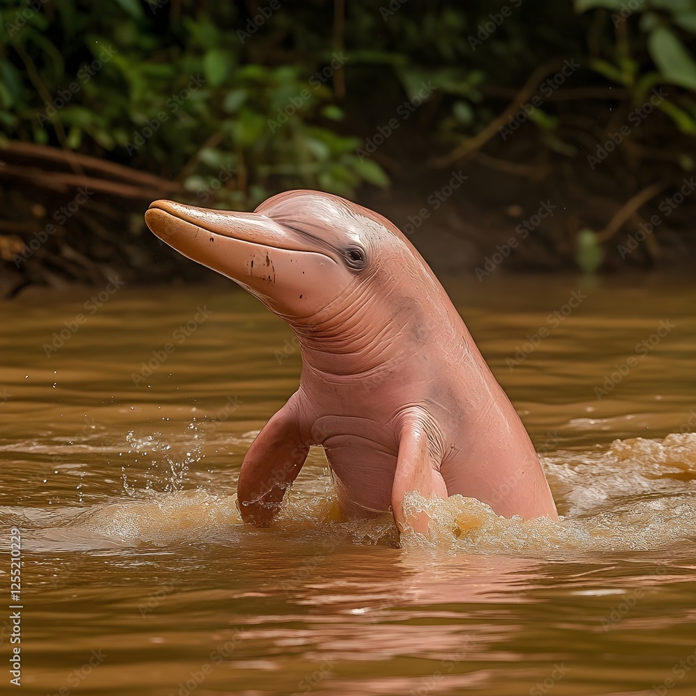 Fototapeta premium A rare pink river dolphin emerging from the muddy Amazon waters.