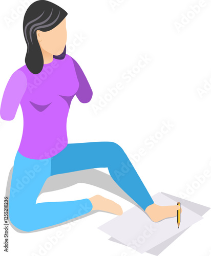 Young armless woman sitting on floor writing with foot holding pen on paper sheet, showing adaptation, ability and resourcefulness in overcoming physical limitations