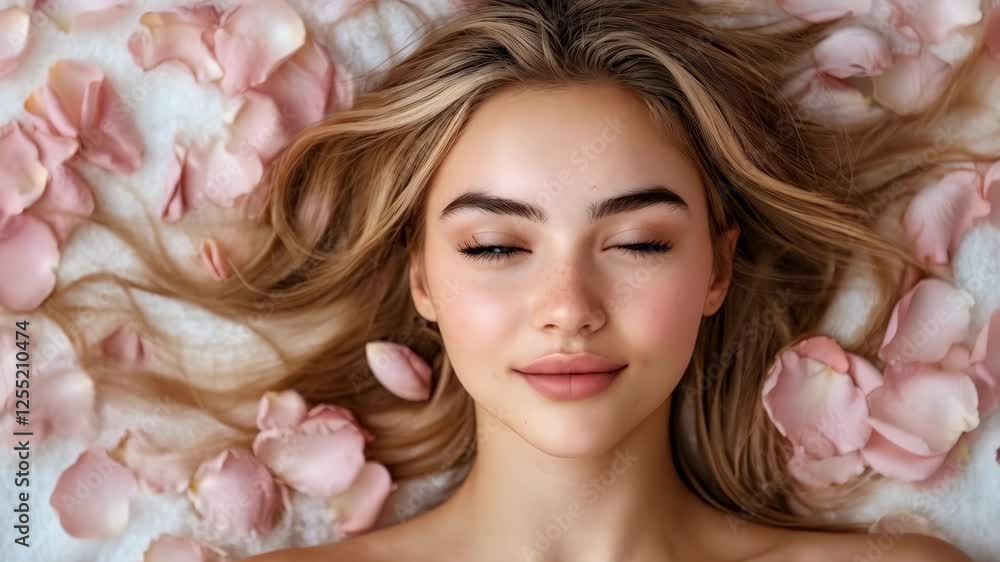 Serene Beauty: Portrait of a Young Woman Surrounded by Flower Petals Serene Beauty: Portrait of a Young Woman Surrounded by Flower Petals