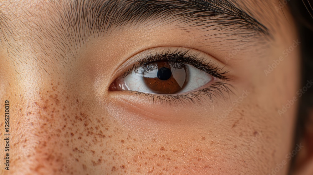 Fototapeta premium Boys eye with freckles showcasing natural beauty, close-up of youth, innocence, and diversity, reflection in iris highlighting human emotions and uniqueness.