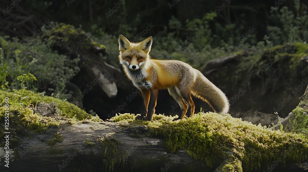 Obraz premium A red fox standing on a moss-covered log, its fur glowing in the morning light.