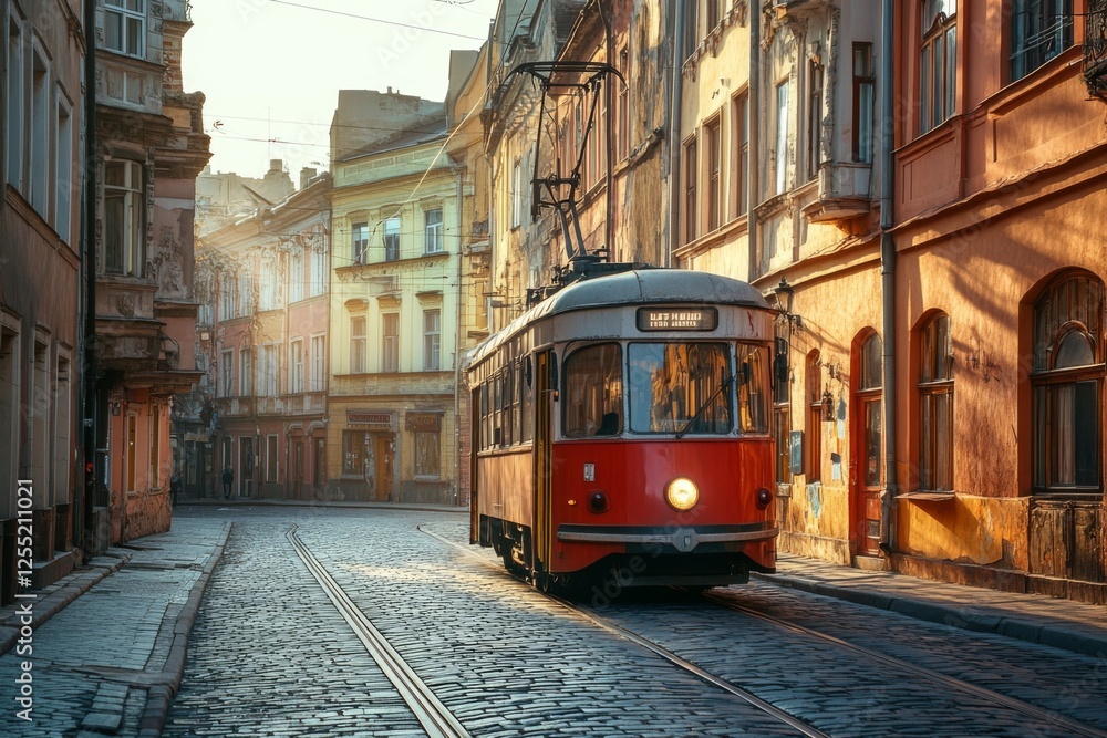 Fototapeta premium Retro red tram in an old European street with historical architecture