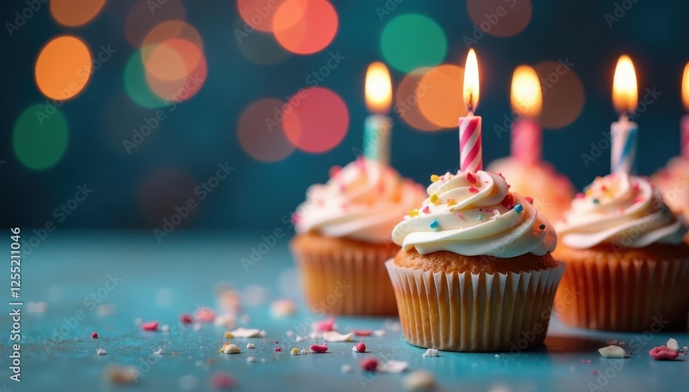 Miniature birthday cupcakes, blurred festive lights, blurred, table Miniature birthday cupcakes, blurred festive lights, blurred, table