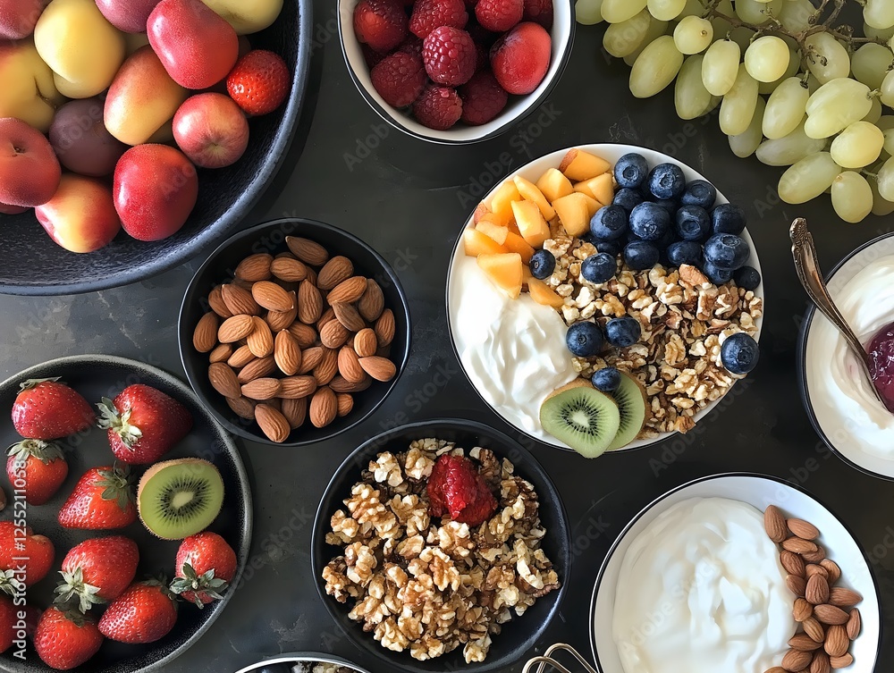 Assorted Fruit Bowls with Yogurt and Almonds on Dark Table Top View Assorted Fruit Bowls with Yogurt and Almonds on Dark Table Top View