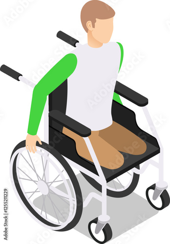 Isometric illustration featuring a young man with paraplegia navigating in a wheelchair, actively pushing the wheel with his hand, symbolizing independence and determination