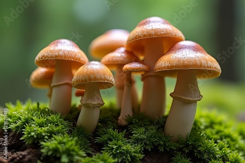 Cluster of Orange Mushrooms Growing in Green Moss, Forest Fungi, Nature Photography photo