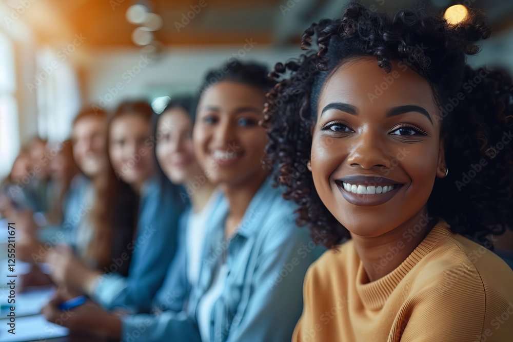 Obraz premium Title: Diverse Group of Businesspeople Smiling as Businesswoman Leads Presentation at Meeting