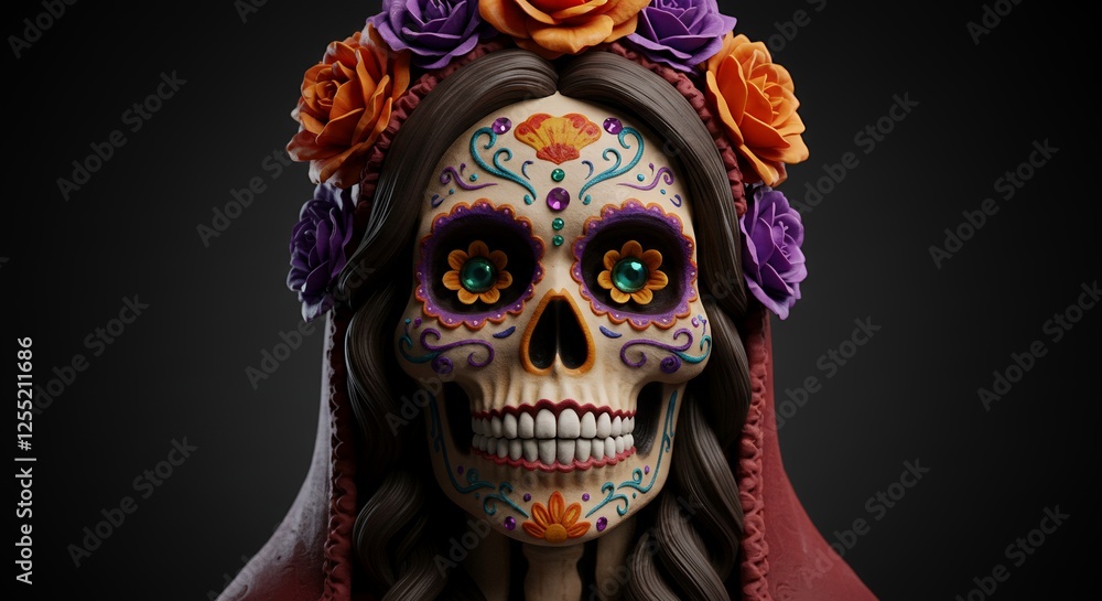 Naklejka premium Decorative sugar skull with flower crown for day of dead
