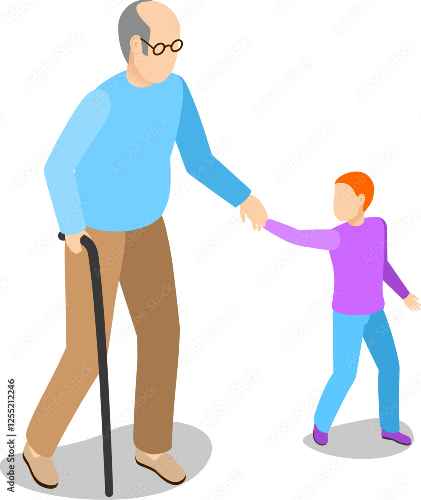 Elderly man walking with a cane while holding hands with a young child, symbolizing the deep family bonds, care, and support that thrive across generations Elderly man walking with a cane while holding hands with a young child, symbolizing the deep family bonds, care, and support that thrive across generations