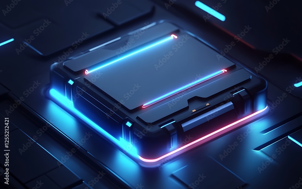 Obraz premium Futuristic square tech case glowing with neon light