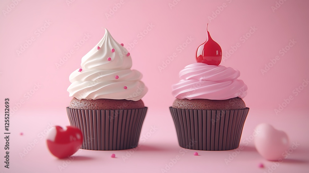 Two cupcakes with white and pink frosting on a pink background. Possible use in a food blog or social media post Two cupcakes with white and pink frosting on a pink background. Possible use in a food blog or social media post