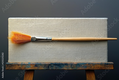 Paintbrush resting on blank canvas ready for artistic creation and growth photo