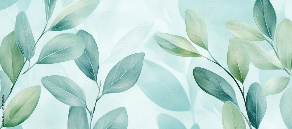 A light blue background with a close-up of pastel green leaves A light blue background with a close-up of pastel green leaves