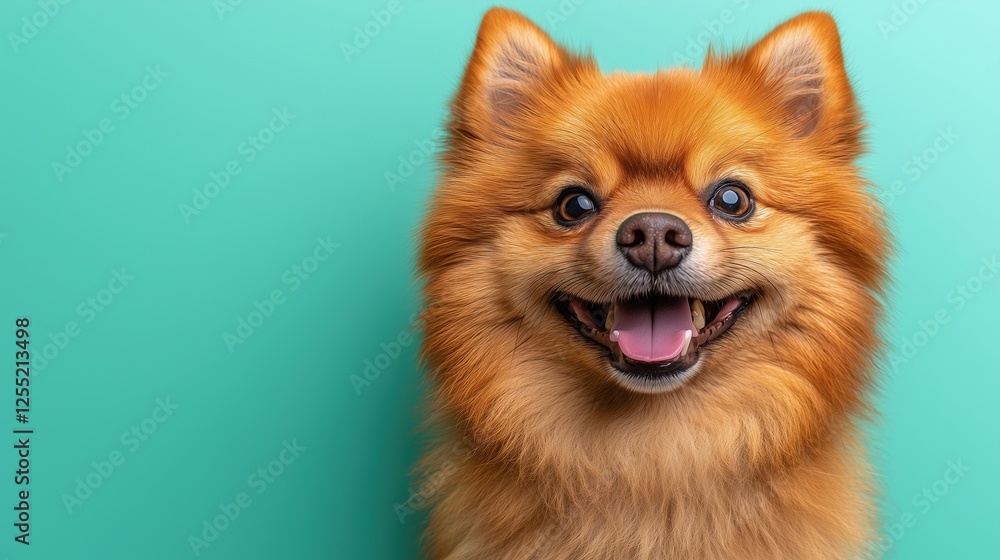 Obraz premium A cheerful Pomeranian dog with a fluffy coat and bright eyes against a turquoise background.
