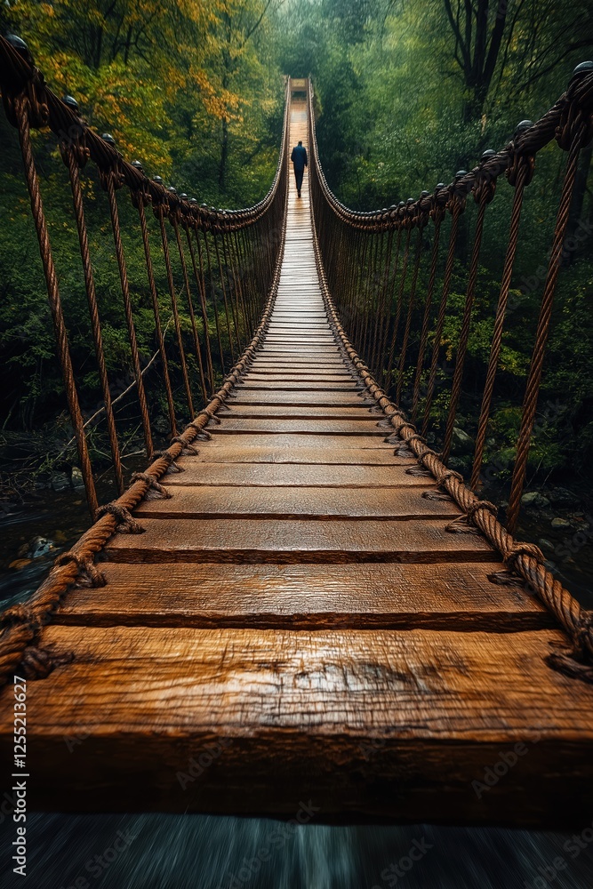 Businessman walking on rope bridge towards bright future in lush forest Businessman walking on rope bridge towards bright future in lush forest
