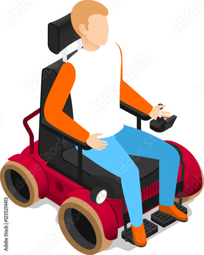 Isometric vector illustration representing a blond man sitting in a modern red electric wheelchair and holding a joystick controller. Promoting mobility and independence for people with disabilities