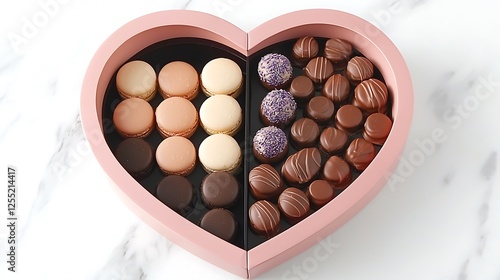 Heart-shaped chocolate & macaron gift box on marble photo