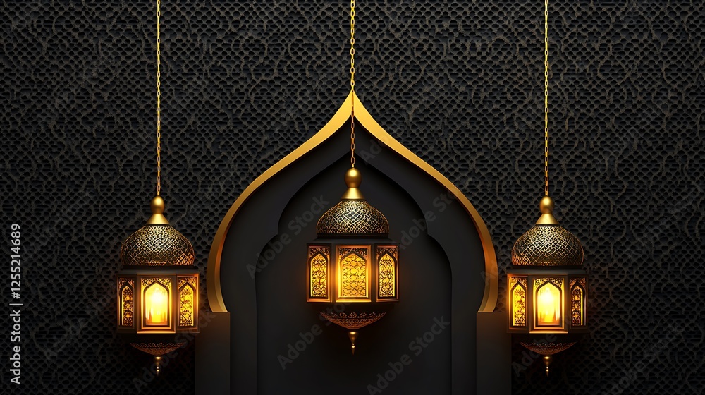 Fototapeta premium Elegant Golden Lanterns Hanging Against Dark Background