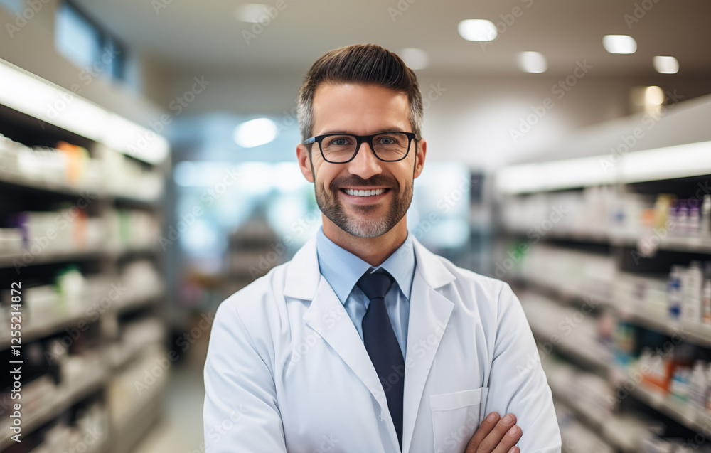 Obraz premium Pharmacist on the background of a pharmacy