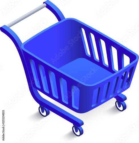 Empty blue shopping cart with a metal handle and wheels is depicted on a white background, representing online shopping and e commerce concepts