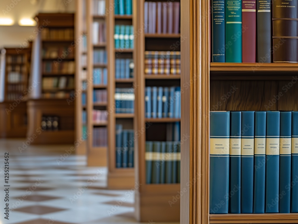 Interior of a quiet library with wooden shelves and neatly arranged books. Generative AI Interior of a quiet library with wooden shelves and neatly arranged books. Generative AI