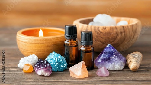 Holistic Wellness Through Aromatherapy Essential oils and crystals for relaxation.