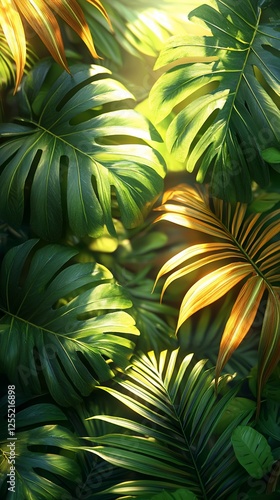 Lush tropical foliage bathed in sunlight.