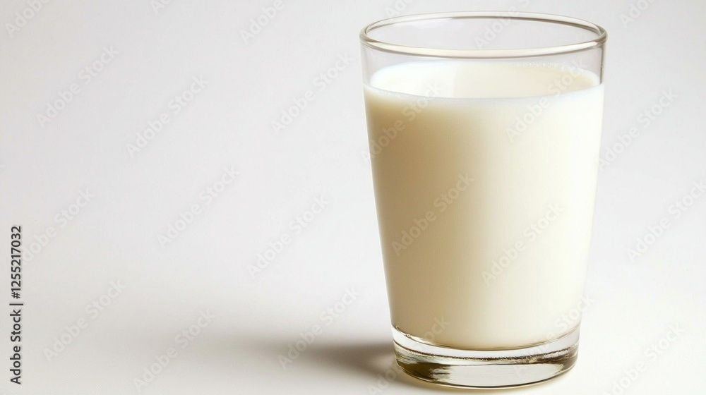 A glass filled with creamy white milk stands out against a minimalist white backdrop, perfect for portraying freshness and purity in culinary settings. Ideal for food-related concepts A glass filled with creamy white milk stands out against a minimalist white backdrop, perfect for portraying freshness and purity in culinary settings. Ideal for food-related concepts