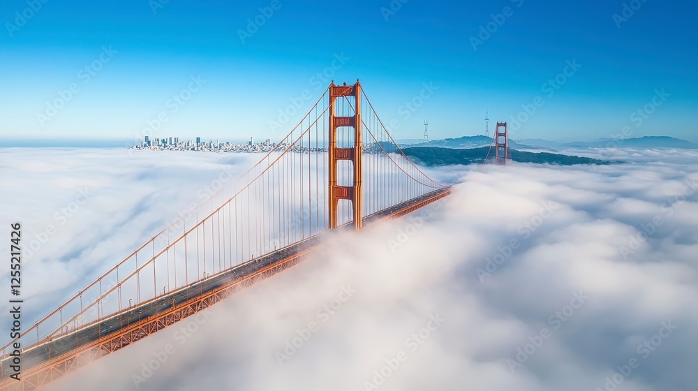 Golden Gate Bridge Above Clouds Aerial View Golden Gate Bridge Above Clouds Aerial View