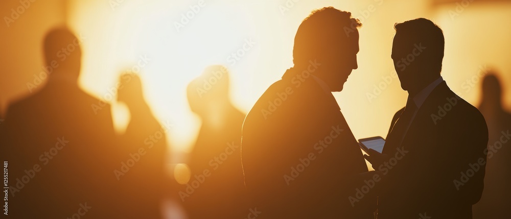 Business professionals engaging in networking during sunrise, discussing strategies for growth and collaboration, with a warm light enhancing the office atmosphere. Business professionals engaging in networking during sunrise, discussing strategies for growth and collaboration, with a warm light enhancing the office atmosphere.