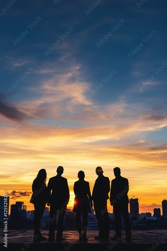 Fototapeta premium Business professionals silhouetted against a sunset, symbolizing teamwork, leadership, and strategic planning in modern corporate environments. Networking and collaboration.