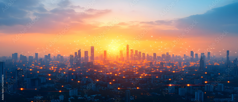 Fototapeta premium Sunset Cityscape, Network Glow