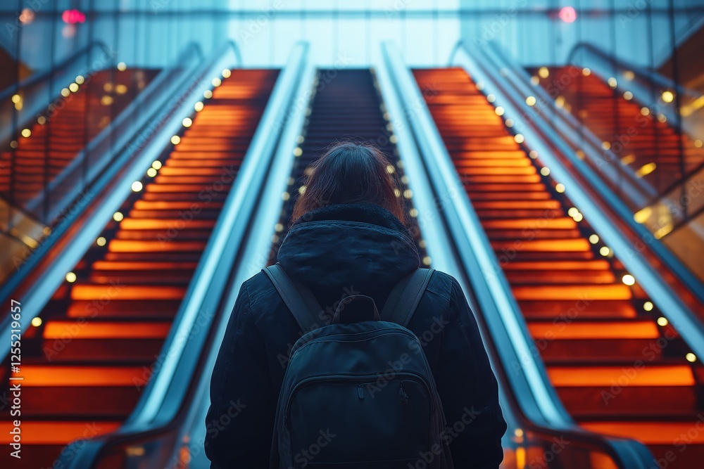 Fototapeta premium Student going up the escalator entering university building