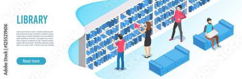 Isometric vector illustration representing students and young people searching and reading books on blue sofas and bookshelves inside a public library