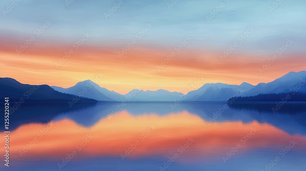 Clear lake reflecting distant mountains under a glowing sky Clear lake reflecting distant mountains under a glowing sky