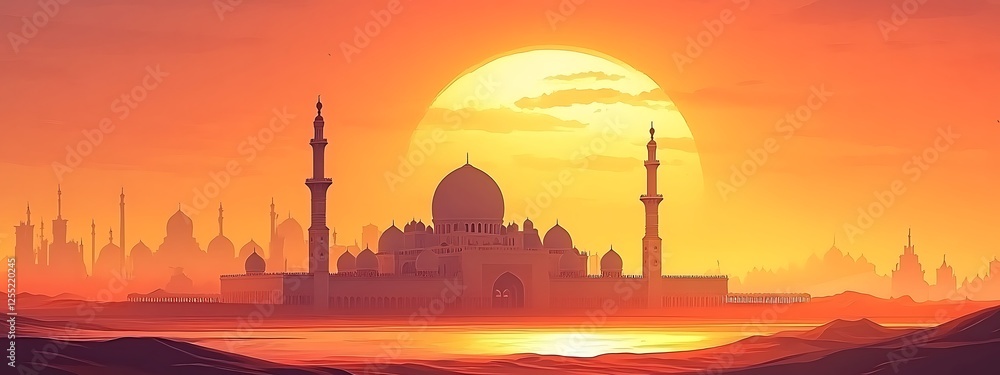 Naklejka premium Desert Sunset Mosque Silhouette