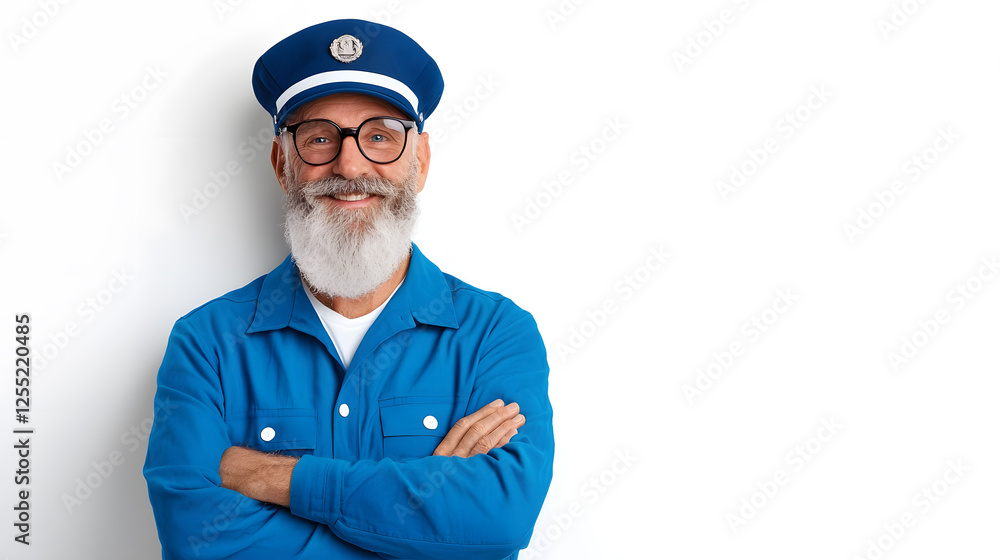 Portrait elderly bearded smiling sailor man in a uniform, isolated on white background Portrait elderly bearded smiling sailor man in a uniform, isolated on white background
