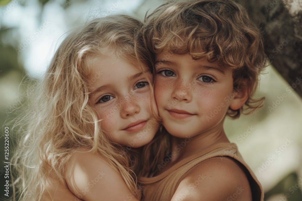 Happy little brother and sister hugging in a summer park, looking at the camera. Happy little brother and sister hugging in a summer park, looking at the camera.
