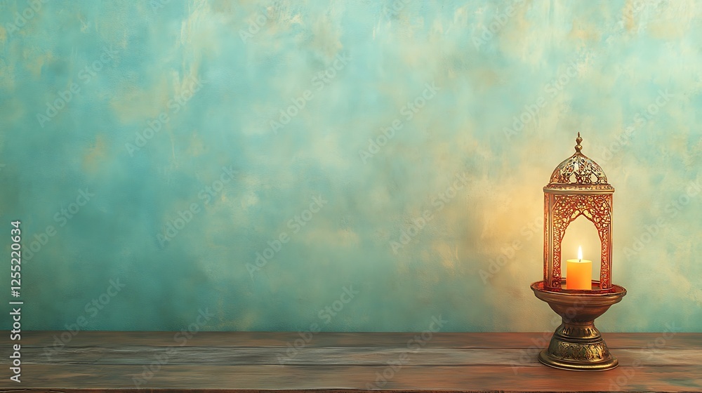 Ornate Lantern Holds A Lit Candle Against A Teal Wall Ornate Lantern Holds A Lit Candle Against A Teal Wall
