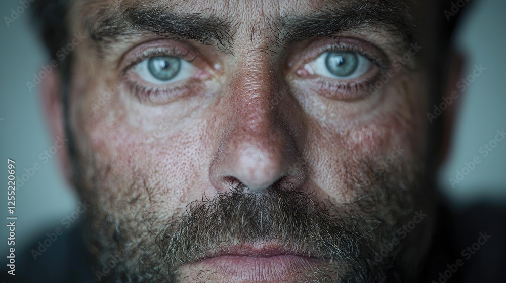 Fototapeta premium Close-up portrait of a man, intense gaze, weathered face, dark background, for documentary use